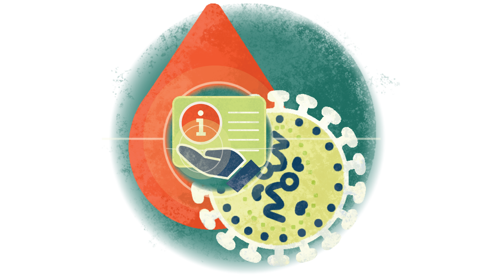 Illustration of the letter i over a hand over a blood droplet with HIV