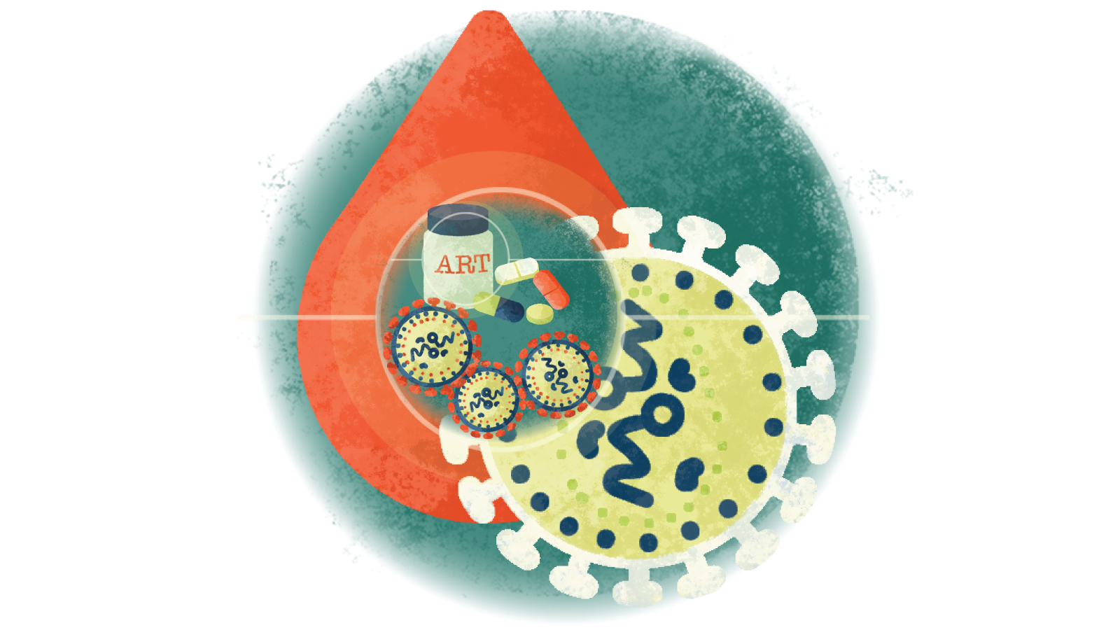Illustration of antiviral therapy over a blood droplet with HIV